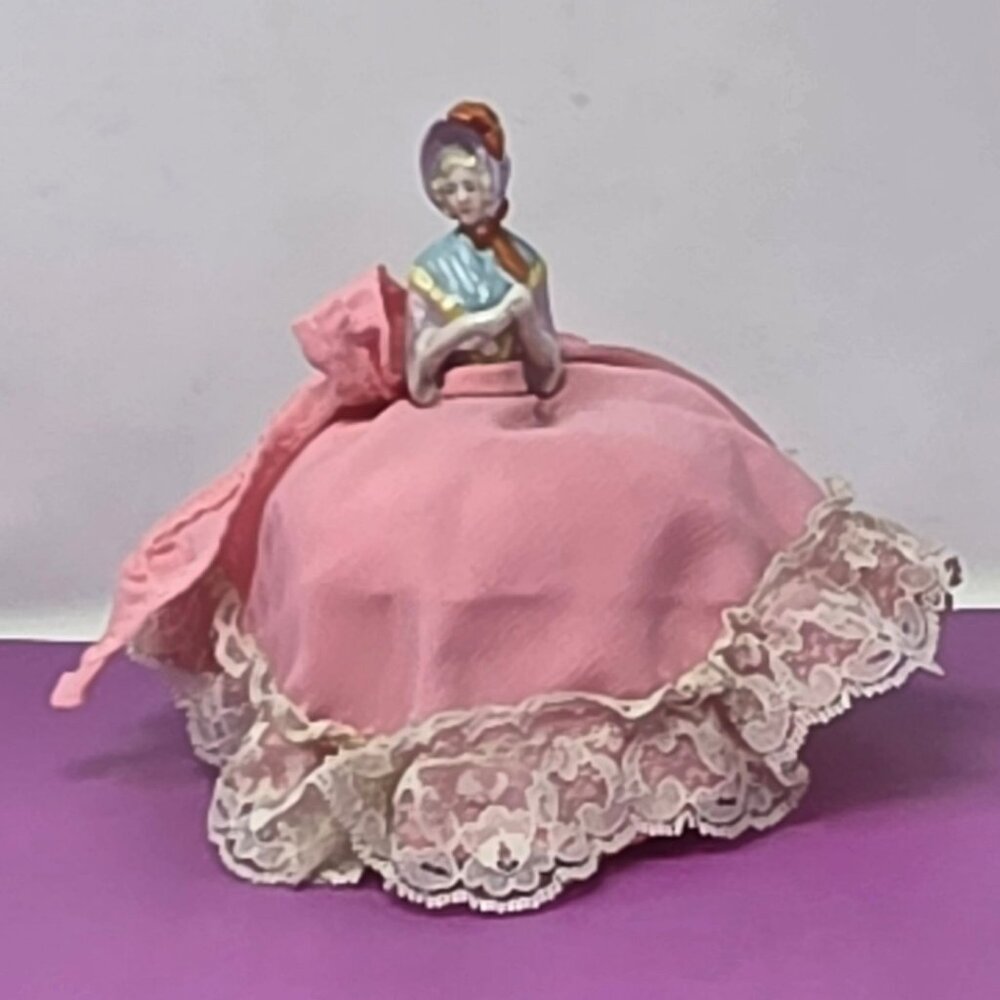 Antique Porcelain Figurine Doll Pin Cushion‎ In Pink Fabric & Lace Trim